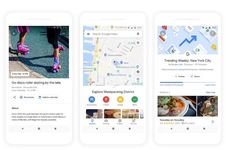 The initial problem with marketing on maps apps was that most users were simply using them to look for directions from point A to point B, so there were limited opportunities to deliver ads. The platforms are tackling this problem by incorporating elements borrowed from local search services, such as Yelp's listings for businesses, and social networks, such as Snapchat's interactive Snap Map showing user content from various locations. In other words, maps apps are increasingly becoming platforms for discovery, not just navigation. This can be seen clearly in Google Maps recently redesigned Explore experience, which makes it much easier for users to learn about businesses, events, and activities.