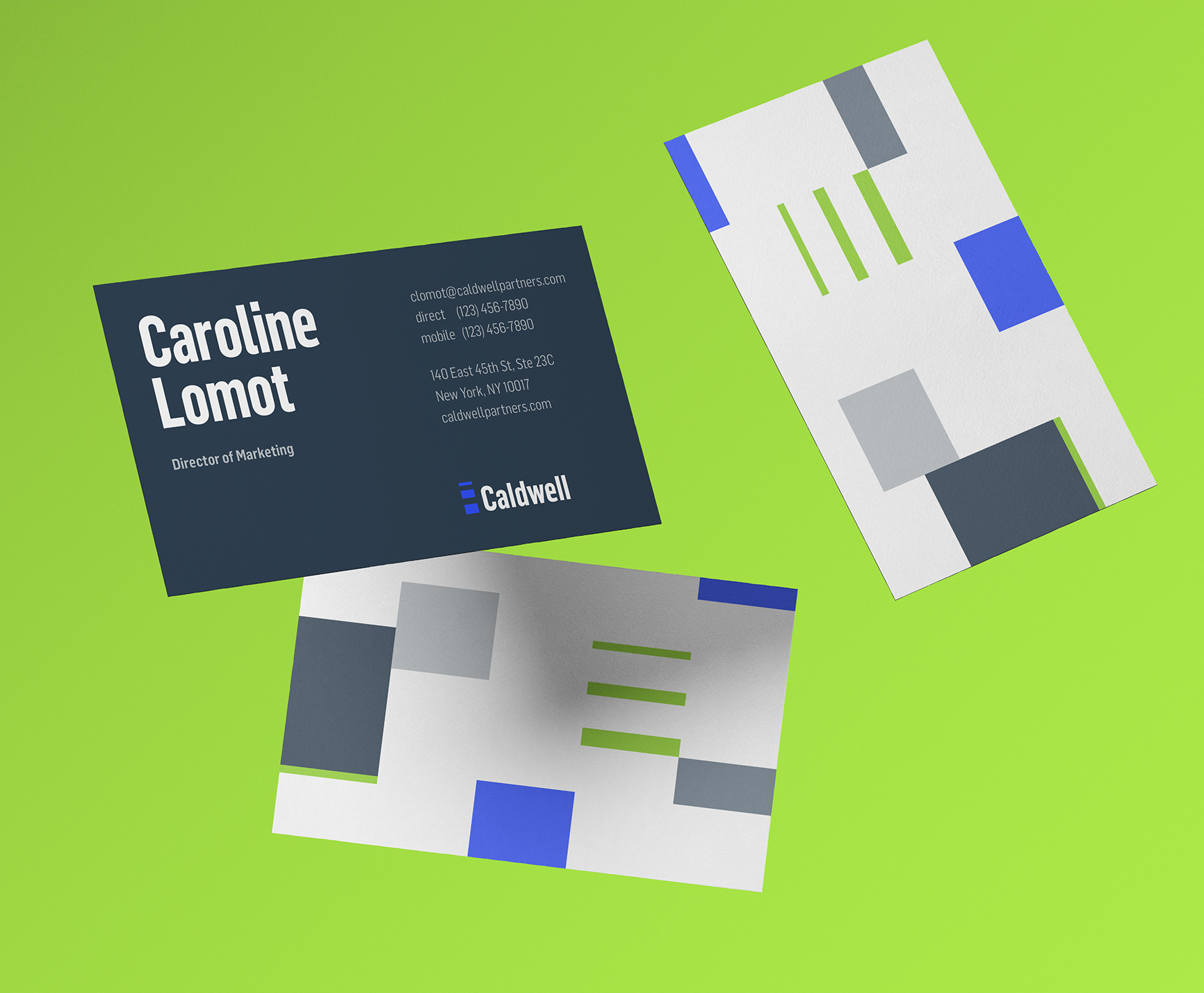 Image of three Caldwell business cards designed by MDG Solutions feature image